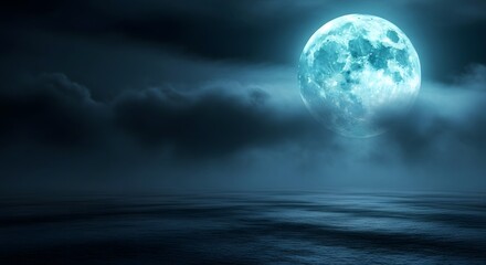 Ethereal blue moon glowing through misty clouds over a dark, reflective body of water, creating a mysterious and atmospheric night scene