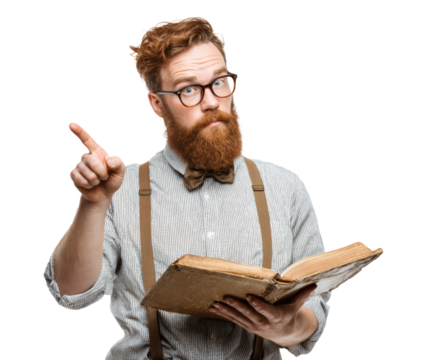 The serious hipster with a red beard and glasses is reading a book.