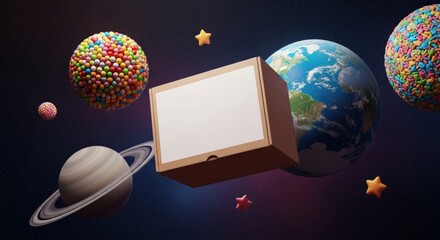 A cardboard box floats in space surrounded by planets and candy spheres.