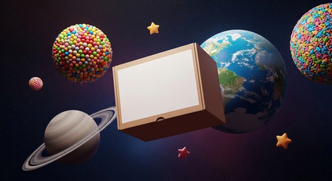 A cardboard box floats in space surrounded by planets and candy spheres. - Powered by Adobe