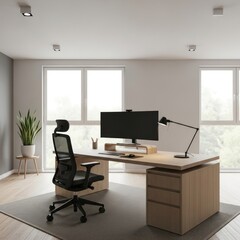 Modern Home Office with Ergonomic Black Chair, Wooden Desk, Large Monitor, and Natural Light from software in a Minimalist Workspace