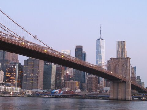 the view with the brooklyn bridge from Brooklyn to the   manhattan skyline in summer, New York at dawn