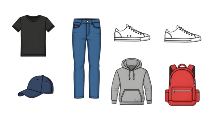 Stylish casual outfit flat lay featuring a black t-shirt, blue jeans, white sneakers, grey hoodie, navy cap, and red backpack for modern everyday wear.