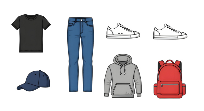 Stylish casual outfit flat lay featuring a black t-shirt, blue jeans, white sneakers, grey hoodie, navy cap, and red backpack for modern everyday wear. - Powered by Adobe
