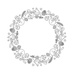 Vector art of hand drawn christmas wreath with snowman, ornament, and ribbon