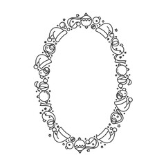 Vector art of festive christmas frame with santa hats, balls and snowmen for greeting card