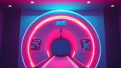 Modern mri scanner emitting pink and blue neon light in futuristic examination room - Powered by Adobe