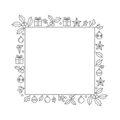 Vector art of christmas frame with gift, star, holly, and bauble in doodle style