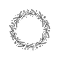 Vector art of christmas wreath with fir, star, and bauble in doodle style