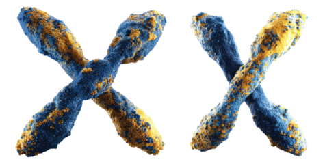 Two  X chromosomes,  highly magnified,  displaying  a  complex  structure  with  distinctive  patterns  of  color  and  texture