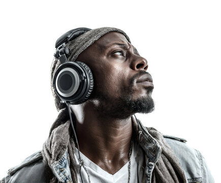 Focused Man with Headphones Looking Up