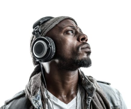 Focused Man with Headphones Looking Up