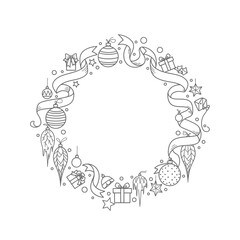 Vector art of christmas wreath frame with ornaments, gifts, and ribbons hand drawn vector illustration