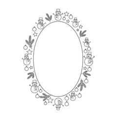 Vector art of oval christmas frame with snowman, star, and fir branch hand drawn vector illustration