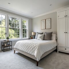 Bright and airy bedroom with large windows overlooking lush green trees and a comfortable bed
