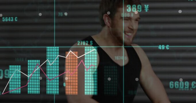 Man shifting arm outward in metal studio, expanding teal grid, animating finance chart for analysis