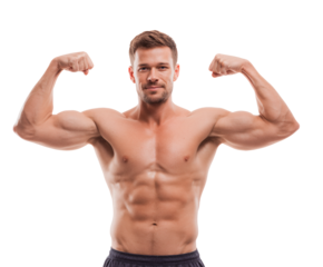 A muscular man shows off his biceps, demonstrating his fitness and strength.
