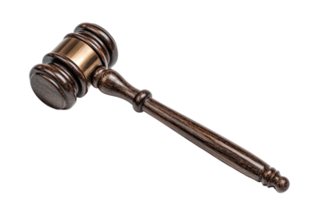 Dark wooden gavel with brass band, angled view