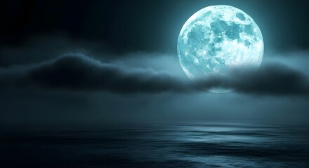 Fototapeta premium A bright blue moon illuminates a dark, misty ocean at night, creating an eerie and mysterious atmosphere