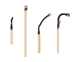Four wooden burnt matches with black heads on white isolated background. Visual metaphor for different stages of fatigue and exhaustion. Burnout concept in psychology.