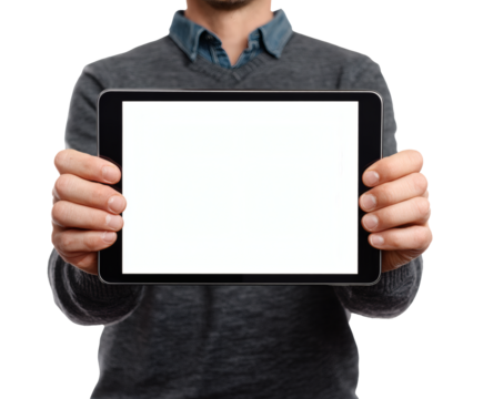 Man holding a blank tablet for your design.