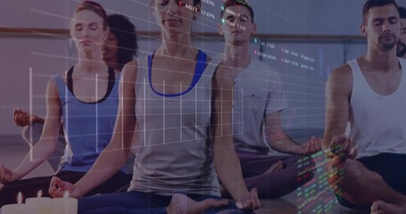 Camera tilting upward past candles revealing group making mudra and spawning animated stock graphs - Powered by Adobe