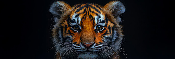 Fototapeta premium Intense and captivating close-up portrait of adorable tiger cub with striking orange and black stripes, looking directly forward against deep black studio background