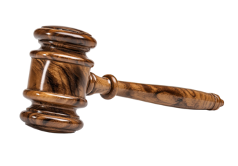 Close-up of a wooden gavel,  dark brown with a swirling grain pattern, angled.  The gavel head is rounded and the handle is long and straight.  Isolated on a pure white background