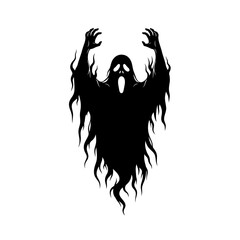 Vector art of scary ghost silhouette, a spooky apparition with raised arms and a haunting face