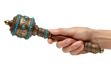 Hand holding a decorative, bronze-colored prayer wheel.  Ornate top with turquoise accents, wooden handle