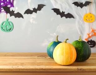 Halloween pumpkins on a wooden table