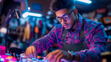 Energetic DJ creating beats on vibrant light-up mixer, showcasing modern music production and artistic focus in neon-soaked environment