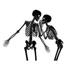 Vector art of two skeletons whispering secrets to each other, a spooky and macabre illustration