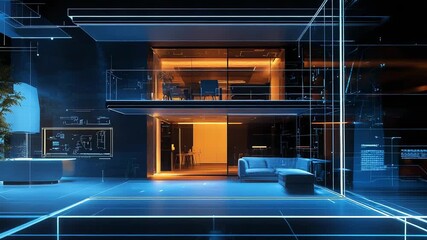 Futuristic smart home showing hologram data and wireframe design - Powered by Adobe