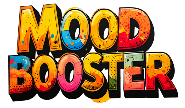  MOOD BOOSTER- – Comic-style pop-art letters, vibrant primary colors, transparent png
