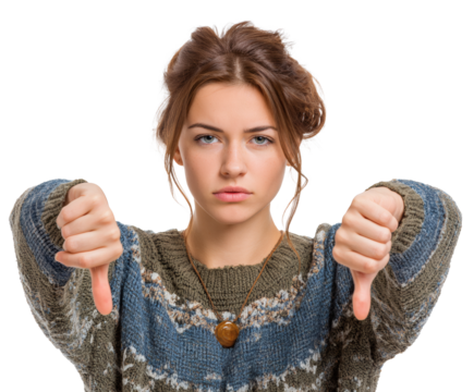 Disapproving woman with thumbs down gesture - Powered by Adobe
