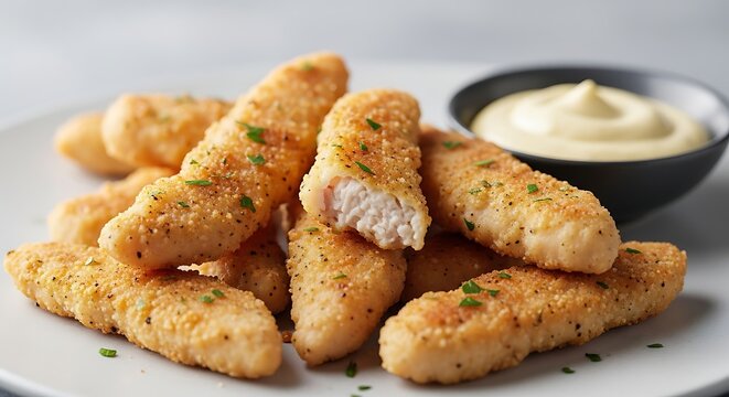 Golden Fried Chicken Tenders with a Bite Revealing Tender Meat and Creamy Dip.