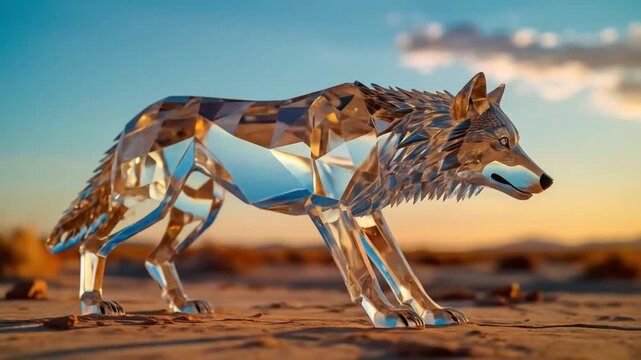 Crystal Wolf Striding Across Desert Landscape