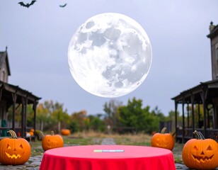 Halloween scene with a large moon and pumpkins