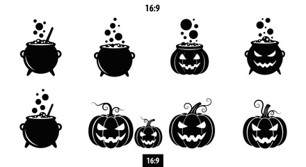 Naklejka premium Vector art of halloween pumpkins and cauldrons, a spooky and festive design for your projects