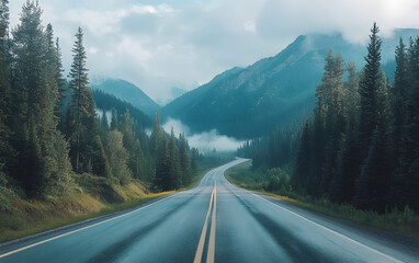 Scenic Mountain Road Journey: Nature's Pathway with Misty Hills and Peaceful Wilderness Scenery