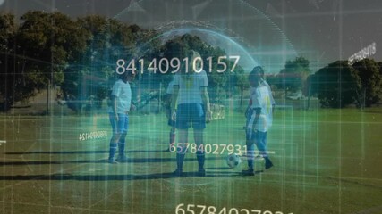 Four women soccer players observing tech data overlay materializing then nudging ball training - Powered by Adobe