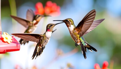 Fototapeta premium Three hummingbirds in flight near a feeder