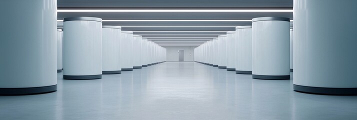 Obraz premium Wide angle futuristic technology lab with multiple quantum computer cryogenic chambers aligned in row.