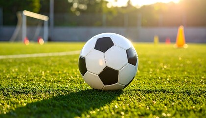 Obraz premium Soccer Ball on Green Grass Field at Sunset with Training Cones and Goal in Background