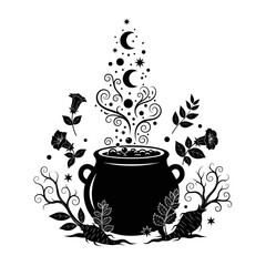 Vector art of black silhouette of a witchs cauldron with potion, moon, stars and herbs