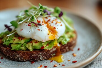 Delicious poached egg on avocado toast garnished with microgreens and spices for a healthy breakfast