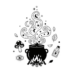 Vector art of black silhouette of a witchs cauldron with potion, moon, stars, mushroom and eye
