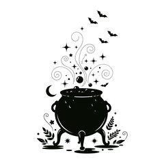 Vector art of a witchs cauldron bubbles with stars and magic, with bats flying overhead