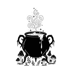 Vector art of black witch cauldron with potion, surrounded by mushrooms and plants vector illustration